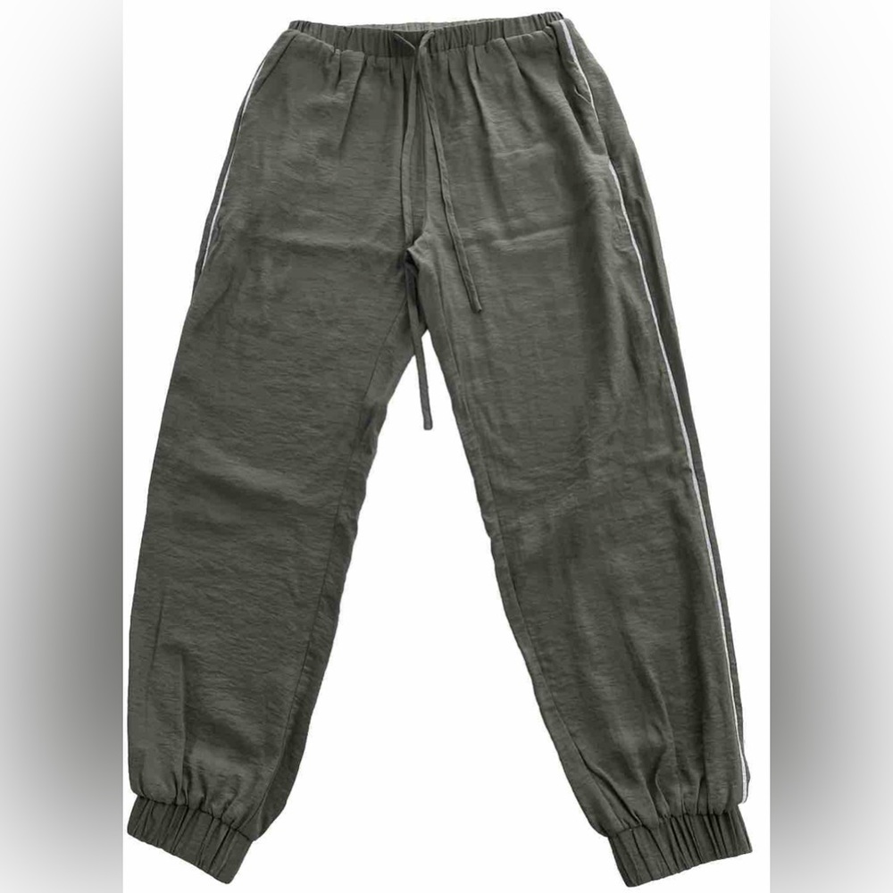 SEN Women’s Olive Green Rayon Joggers Pants Side Silver Stripes Size Small